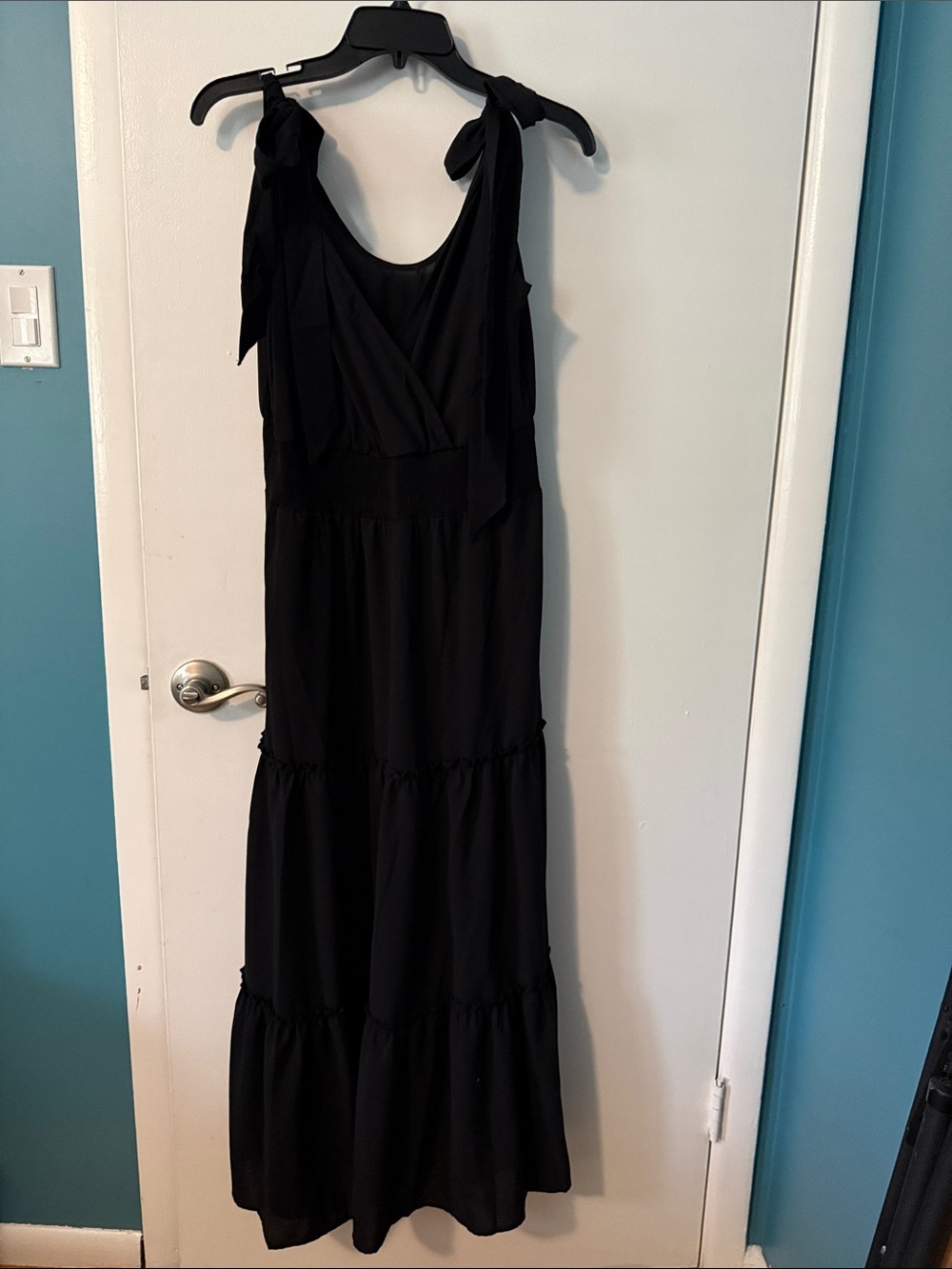 Tie-Shoulder Black Maxi Dress with Tiered Skirt